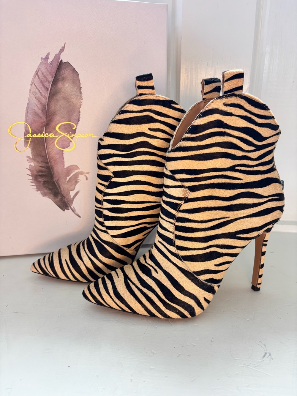 Jessica Simpson Zebra-Print Pointed Toe Stiletto Booties - Black/Tan